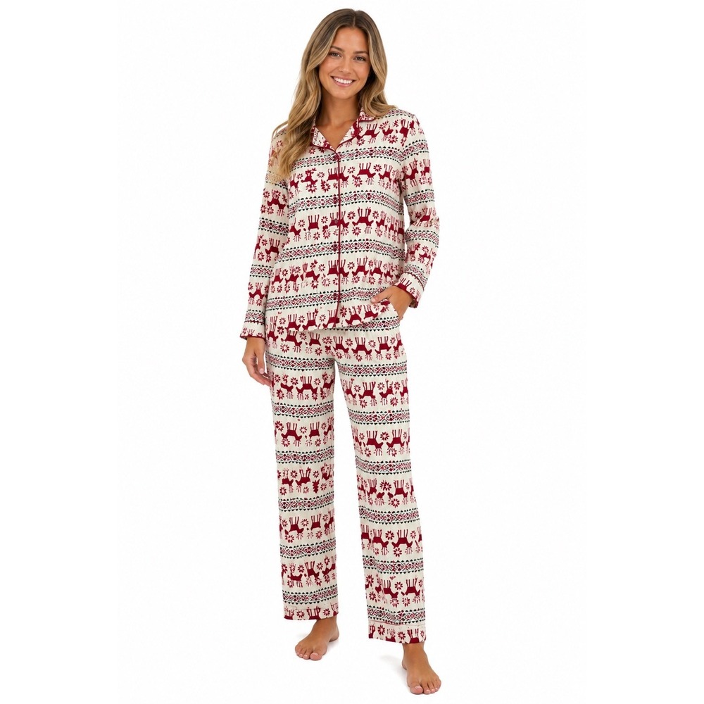 Hanna Andersson Flannel Pajama Set Reindeer Fair Isle Print Womens Small Holiday
